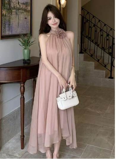 디자인 센스 루즈핏 꽃 행침 목 민소매 드레스 요정 여름 부드러운 바람 프랑스식 오프숄더 치마 롱 스커트 트렌디