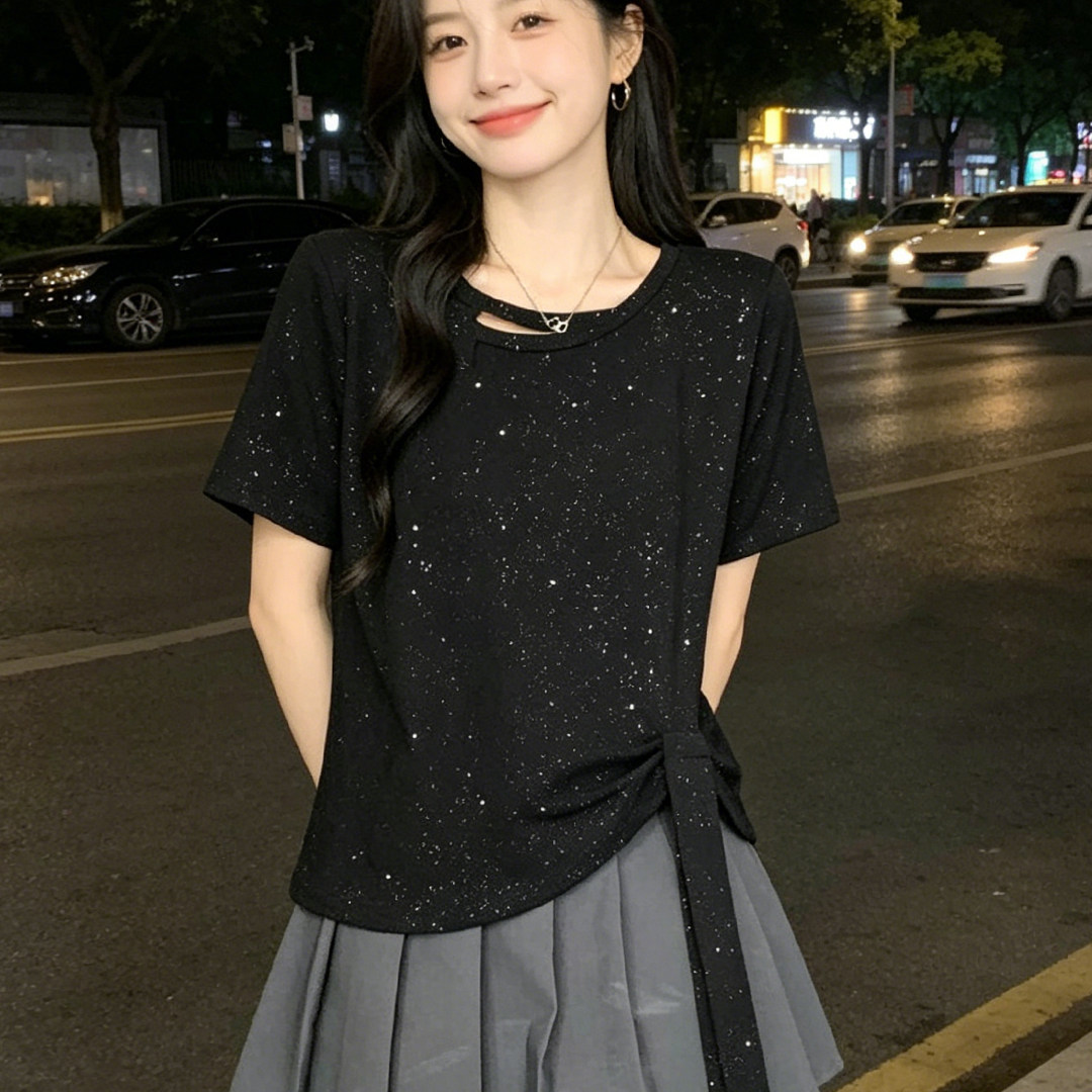 아름다운 반팔 티셔츠 여성 여름 새로운 불규칙 맨위