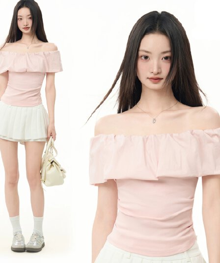 프릴 오프숄더 오프숄더 반팔 티셔츠 프랑스식 맨위