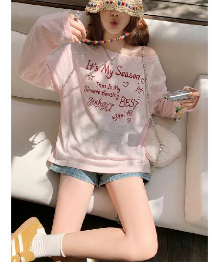 오프숄더 도파민 긴팔 티셔츠 자외선 차단 블라우스 디자인 센스 맨위