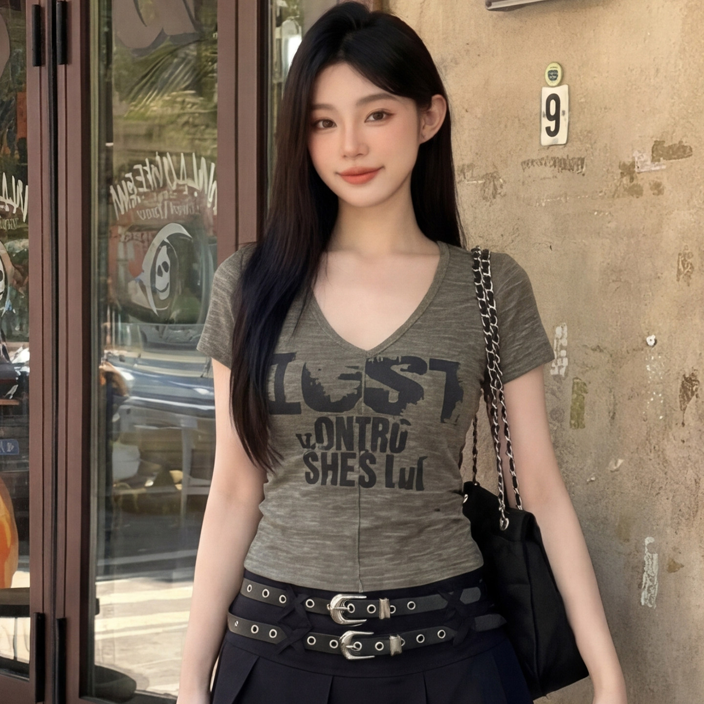 핫걸 순수한 욕망 한국 스타일 패션 V넥 알파벳 반팔 티셔츠 여름 고급 슬림해 보이는 다용도 맨위