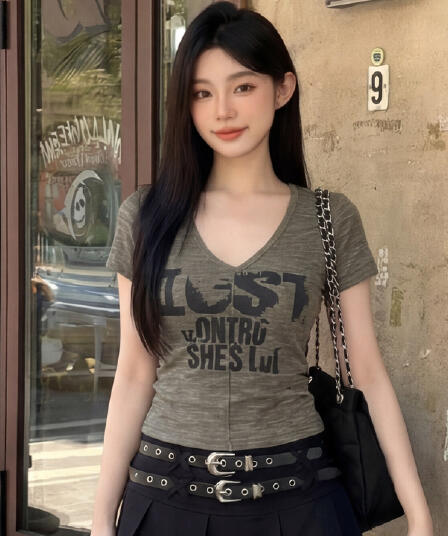 핫걸 순수한 욕망 한국 스타일 패션 V넥 알파벳 반팔 티셔츠 여름 고급 슬림해 보이는 다용도 맨위
