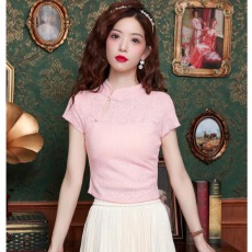 批发中式国风盘扣短袖<b class='q'>T</b><b class='q'>恤</b>中式女装粉色小个子上衣