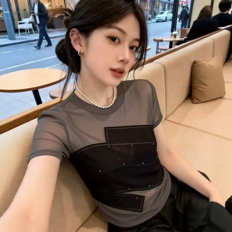 원본 공예 것 세련된 비즈 박기 실 인터넷 패치워크 반팔 티셔츠 여름 새로운 디자인 연령 감소 맨위