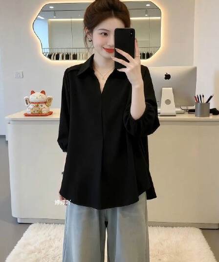 빅 사이즈 여름 검정색 폴로 칼라 7부 소매 여성 셔츠 2026 새로운 지방 mm 슬림해 보이는 루즈핏 패션 외국 가스 맨위