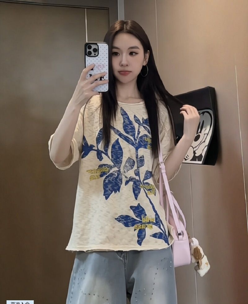 아메리칸 레트로 반팔 티셔츠 여성 2026 여름 참기름 리프 프린트 반소매 tee 루즈핏 느긋한 바람 얇은 스타일 맨위