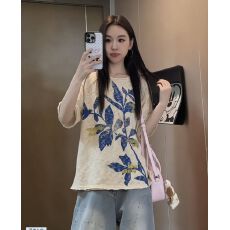 批发美式复古短袖t恤女2026夏季麻油叶<b class='q'>印花</b>半袖tee宽松慵懒风薄款上衣