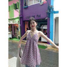 批发【原版面料+内里】度假风紫色碎花<b class='q'>女</b>纯欲外穿掐腰修身无袖上衣
