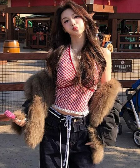 빨간색 체크무늬 조끼 슬립 패치워크 레이스 섹시함 행침 목 핫걸 맨위