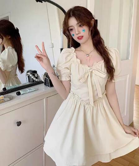 달콤함 슈퍼 요정 작은 키 2026 이중층 퍼프 미니 스커트 여성 여름 단색 프릴 거품 소매 허리 수축 드레스
