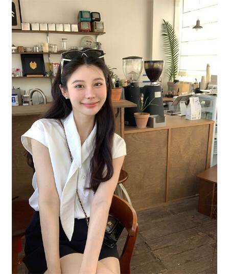폴리 에스터 브로케이드 주름 부담하지 마세요. 센스 출퇴근 리본 칼라 화이트 반소매 맨위 여성 여름 슬림해 보이는 루즈핏 작은 셔츠