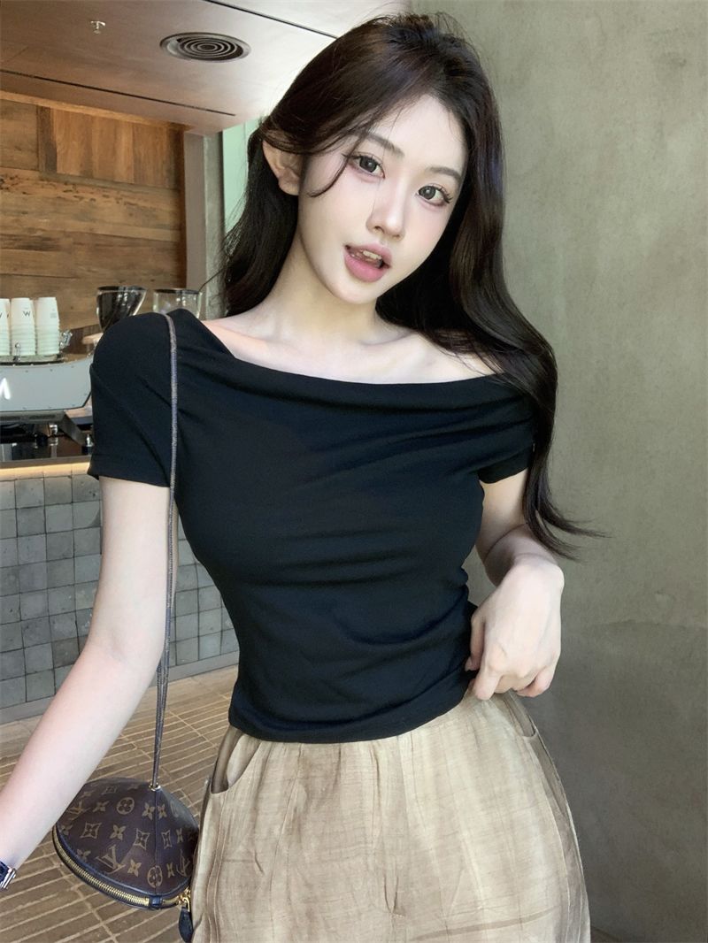 모달 사람들 면 200그램 비스듬한 어깨 흔들다 칼라 순수한 욕망 바람 몸매 가꾸기 반팔 티셔츠 여성 여름 새로운 슬림해 보이는 맨위
