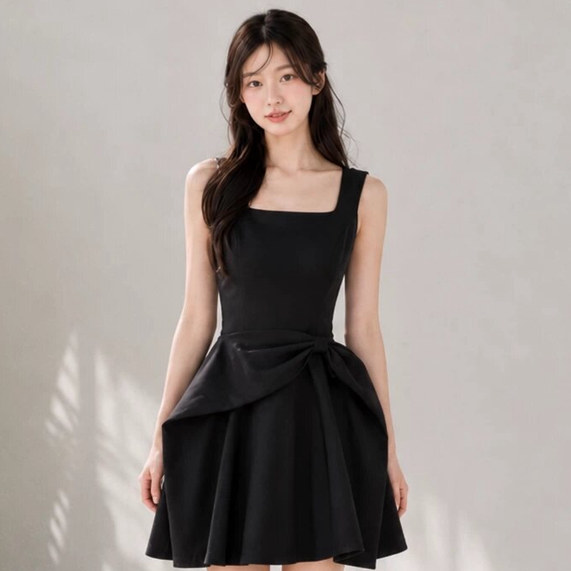 달콤한 차가운 거리 바람 검정색 스퀘어 입 칼라 멜빵 스커트 민소매 허리 수축 작은 키 디자인 센스 미니 스커트