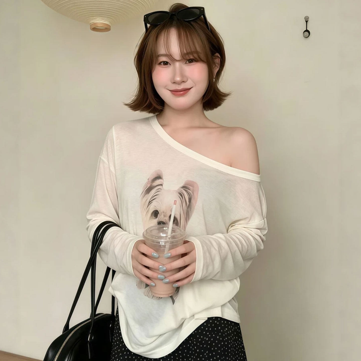 초박형 주간 실크 리브 빅 사이즈 느긋한 바람 강아지 프린트 긴팔 티셔츠 여성 아모이 루즈핏 캐주얼 맨위