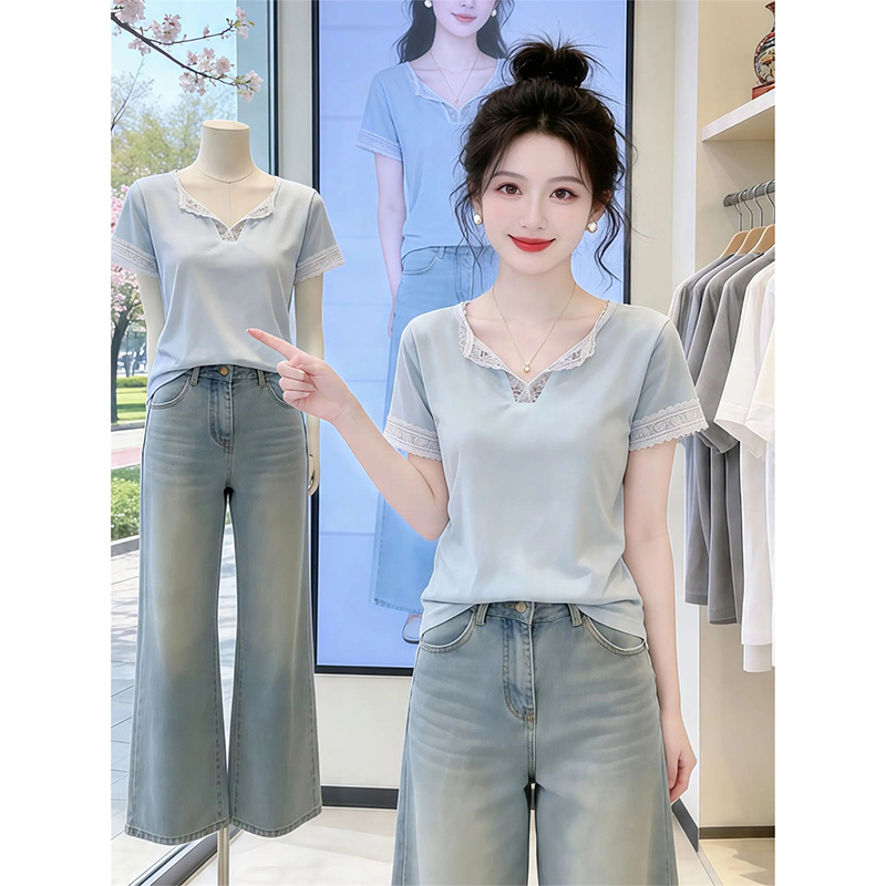 모방 면 리브 빅 사이즈 순수한 욕망 분위기 센스 다용도 반팔 티셔츠 여성 여름 캐주얼 패치워크 V넥 맨위