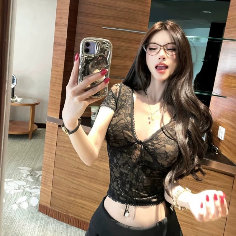 순수한 욕망 바람 V넥 레이스업 마이크로 ~을 통해 레이스 셔츠 여성 여름 몸매 가꾸기 슬림해 보이는 핫걸 반팔 맨위