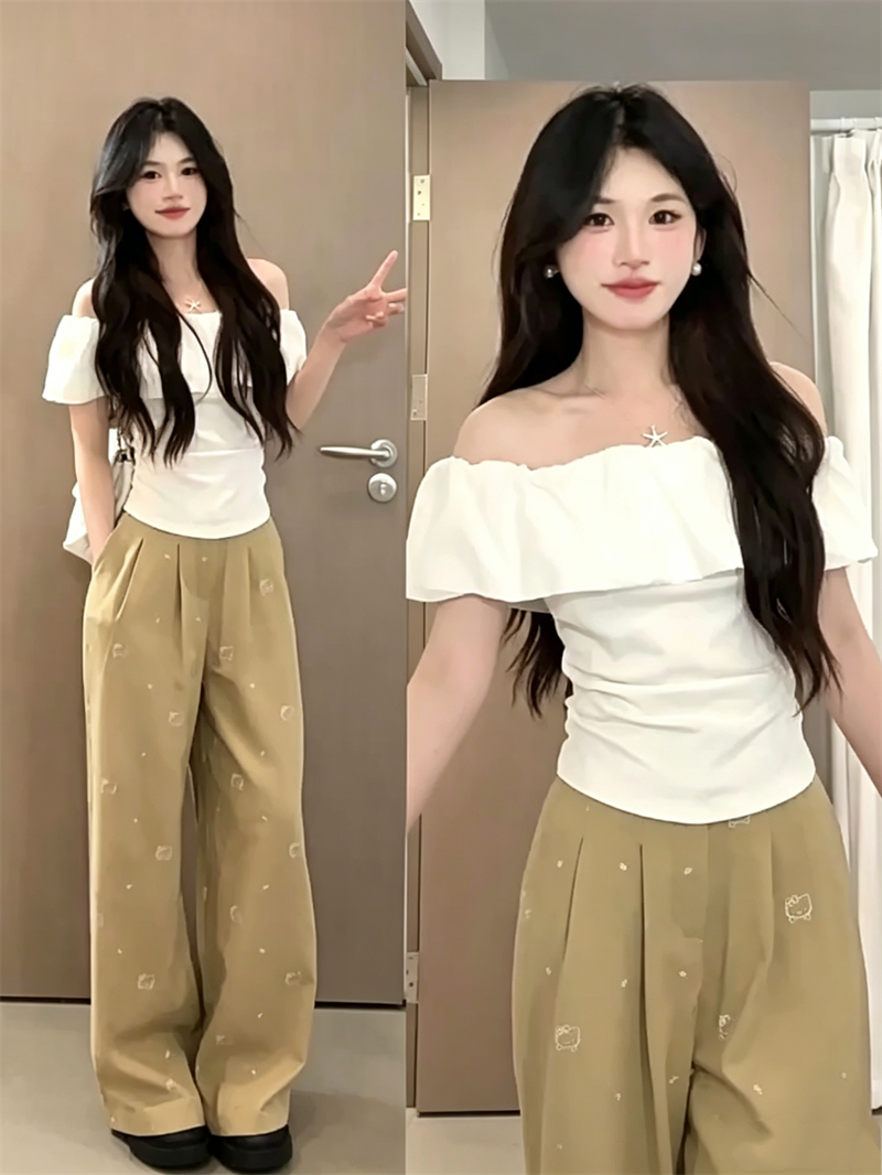 면 프릴 오프숄더 반팔 여름 슈퍼 화재 오프숄더 디자인 센스 허리 수축 티셔츠