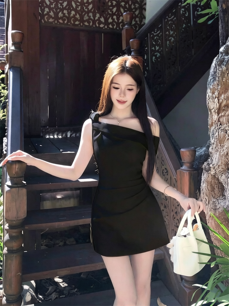 프랑스식 달콤함 품격 비스듬한 어깨 드레스 여름 디자인 센스 허리 수축 슬림해 보이는 오프숄더 순수한 욕망 짧은 치마