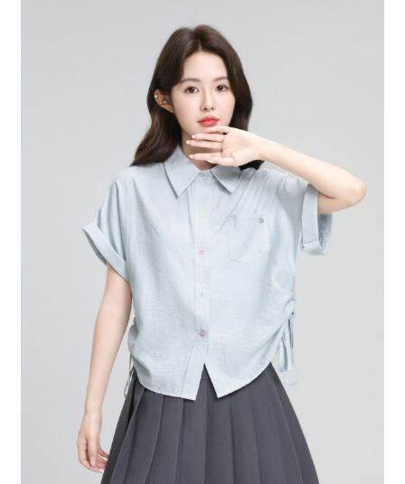 파란색 POLO 칼라 반팔 셔츠 디자인 펌프 로프 스트랩 꼬집기 허리 위로 의류