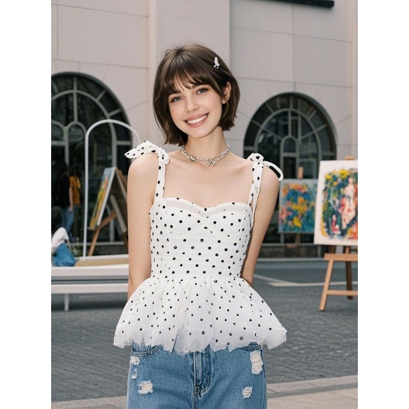 디자인 아메리칸 레트로 귀여운 도트 무늬 나비 매듭 어깨끈 슬립 티셔츠 맨위 여성 발레 바람 품격