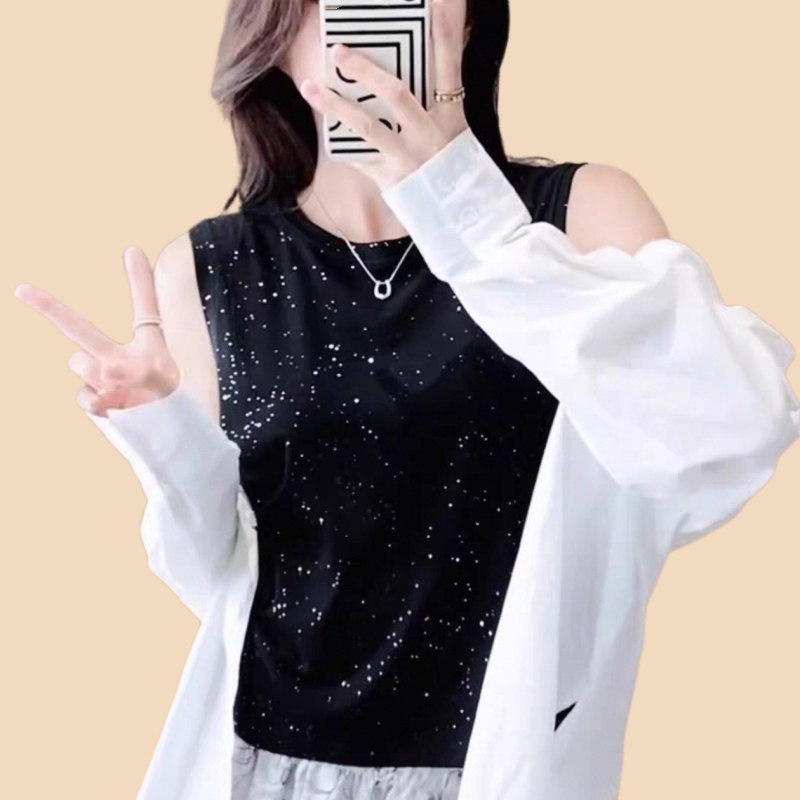 외국 가스 옷 여성 조끼 셔츠 인사이드 가져 가라. 만나는 2025 새로운 별이 빛나는 하늘 루즈핏 티셔츠 슬림해 보이는 고급 센스 여성 의류