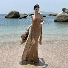批发度假风飘带无袖抹胸连衣裙女夏季气质宽松大摆裙子设计感休闲<b class='q'>长裙</b>