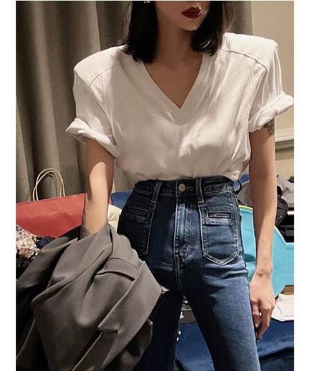 원본 품질 V넥 어깨 패드 티셔츠 여성 홍콩 느낌 루즈핏 한국 스타일 반팔 맨위