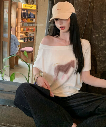 프린트 티셔츠 자외선 차단 블라우스 여성 여름 오프숄더 맨위
