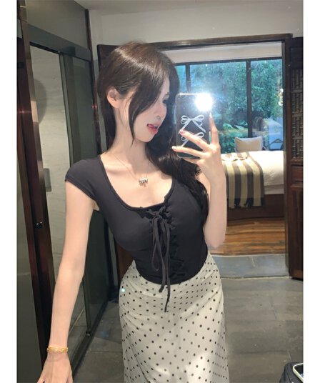스트랩 낮은 네크라인 반팔 티셔츠 허리 수축 타이트 맨위