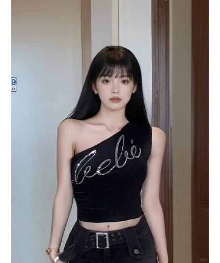 핫픽스 섹시함 비스듬한 어깨 몸매 가꾸기 검정색 작은 조끼 맨위