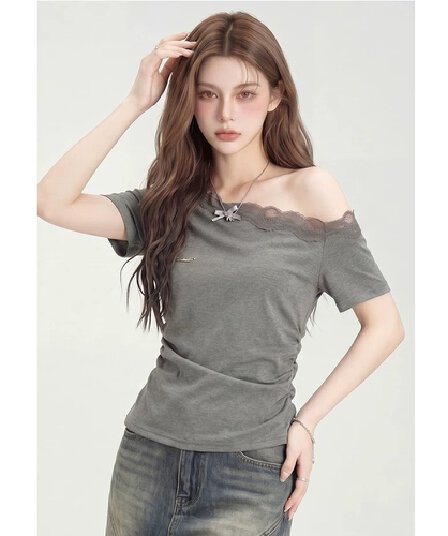 레이스 오프숄더 반팔 티셔츠 여성 여름 몸매 가꾸기 슬림해 보이는 맨위