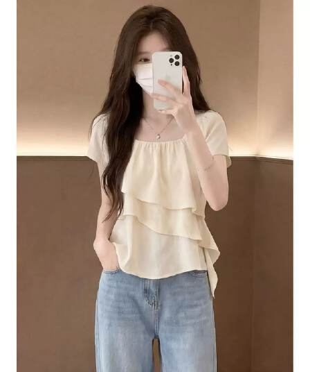 프랑스식 부드러운 바람 프릴 광장 칼라 시폰 셔츠 여성 여름 고유 한 아름다운 루즈핏 슬림해 보이는 표지 고기 반팔 맨위