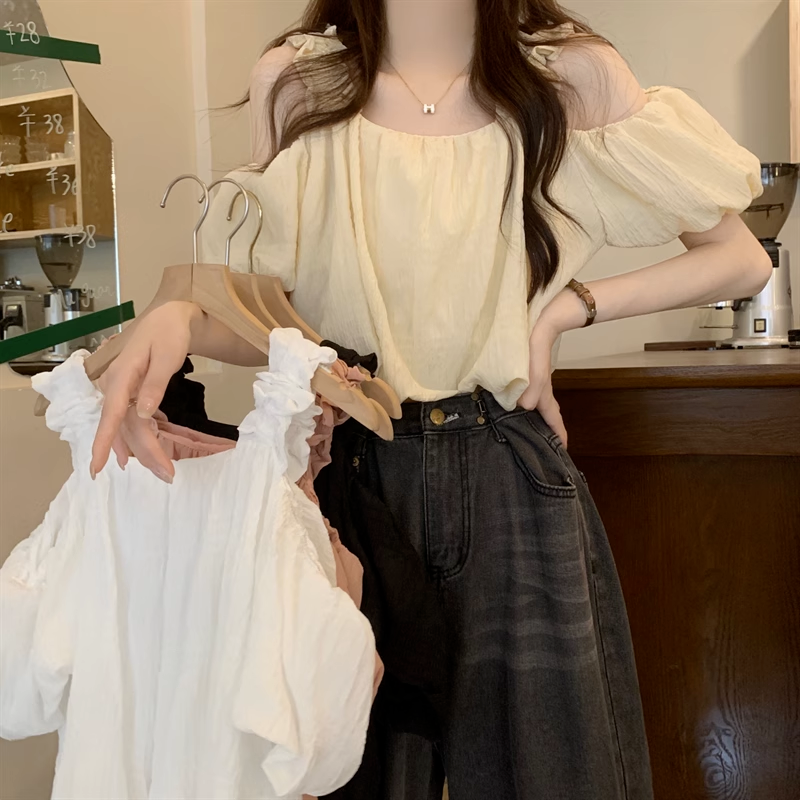 오프숄더 프랑스식 슬립 반팔 여성 셔츠 여름 섹션 디자인 센스 작은 대중 루즈핏 슬림해 보이는 쇼트 스타일 거품 소매 맨위