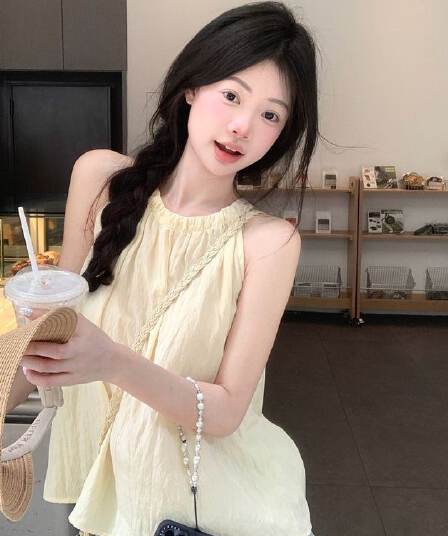 프랑스식 품격 고급 센스 행침 목 조끼 여성 여름 루즈핏 캐주얼 고유 한 Chic 주름 오프숄더 민소매 맨위