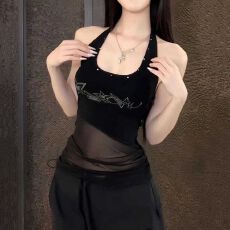 批发官图 仿棉 辣妹y2k亚比挂脖背心女修身小众吊带网纱上衣