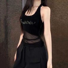批发仿棉 辣妹y2k亚比挂脖背心女修身小众吊带网纱上衣