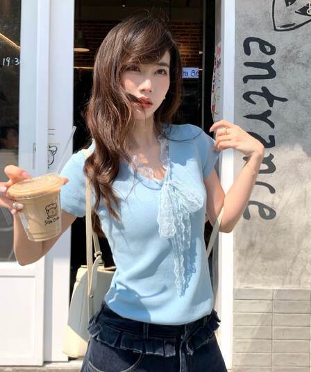 순면 레이스업 나비 매듭 디자인 패치워크 레이스 반팔 티셔츠 2026 여름 새로운 몸매 가꾸기 슬림해 보이는 맨위 ins