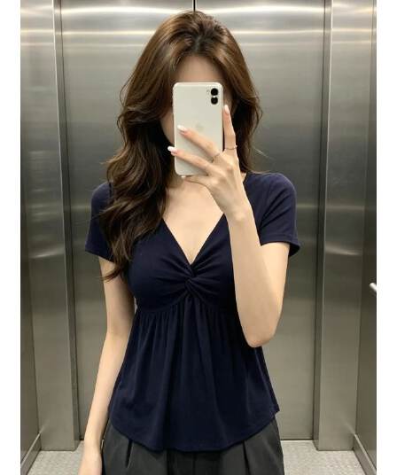 순수한 욕망 품격 비틀림 V넥 허리 수축 티셔츠 여성 여름 고급 센스 슬림해 보이는 아름다운 맨위
