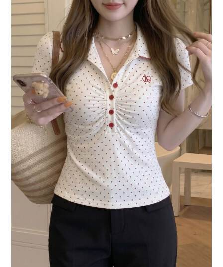 한 부서 화이트 POLO 칼라 도트 무늬 긍정적 인 어깨 반팔 티셔츠 여성 여름 몸매 가꾸기 슬림해 보이는 맨위
