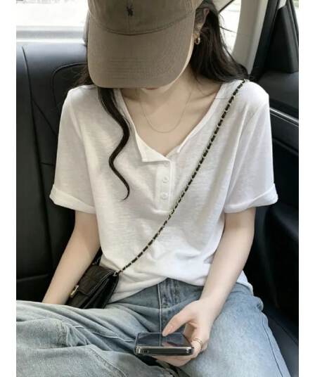 화이트 느긋한 바람 루즈핏 반팔 티셔츠 여성 Z아 어깨 디자인 센스 캐주얼 맨위