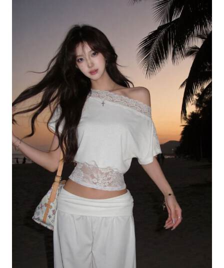 순수한 욕망 바람 레이스 조각 비스듬한 어깨 허리 수축 반팔 티셔츠 맨위 여성 여름 조수 브랜드 여성 의류