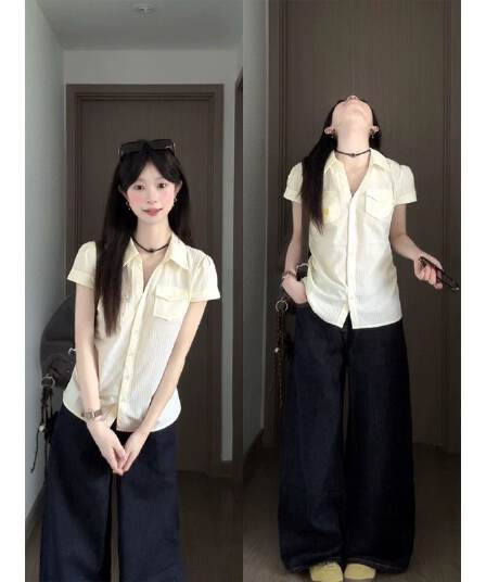 원본 자카드 스트라이프 질감 센스 쌀 화이트 반팔 여성 셔츠 여름 Chic 몸매 가꾸기 허리 수축 슬림해 보이는 맨위