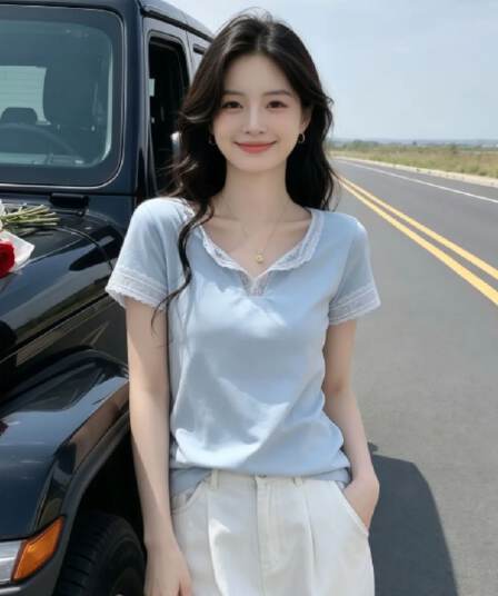다용도 반팔 티셔츠 여성 여름 새로운 프랑스식 캐주얼 레이스 조각 V넥 티셔츠 맨위