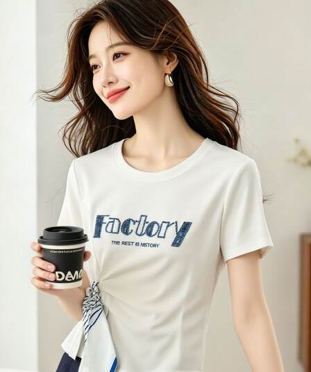 차가운 실크 차가운 면 리브 불규칙 레이스업 나비 매듭 반팔 티셔츠 여성 여름 26 새로운 허리 수축 쇼트 스타일 맨위
