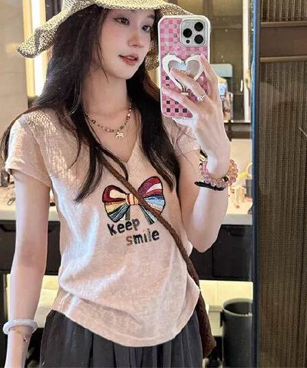 원본 원단 이후 패키지 칼라 한 부서 고양이 알파벳 프린트 V넥 티셔츠 여성 여름 통기성 다용도 반팔 맨위