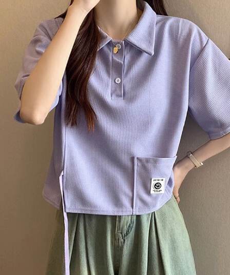 디자인 센스 작은 대중 POLO 칼라 반팔 긍정적 인 어깨 티셔츠 2026 새로운 쇼트 스타일 핫걸 맨위 여성 여름