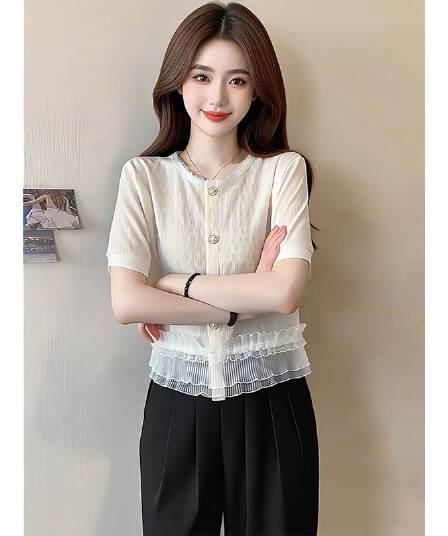 프랑스식 레이스 칼라 레이스 밑단 반팔 여성 셔츠 2026 여름 빅 사이즈 지방 mm 작은 샤넬 스타일 슬림해 보이는 다용도 맨위