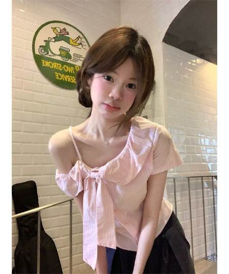 핑크색 나비 매듭 오프숄더 반팔 셔츠 여름 작은 키 달콤함 디자인 센스 부드러운 바람 맨위 여자