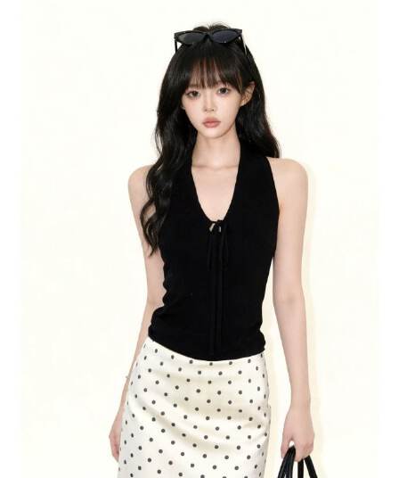 검정색 V넥 행침 목 캐미솔 여름 핫걸 몸매 가꾸기 민소매 백리스 맨위