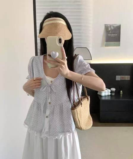 두 조각 원본 것 높은 품질 쉬폰 구름 면 도트 무늬 페이크 레이어드 레이스 레이스 레이스업 맨위 여성
